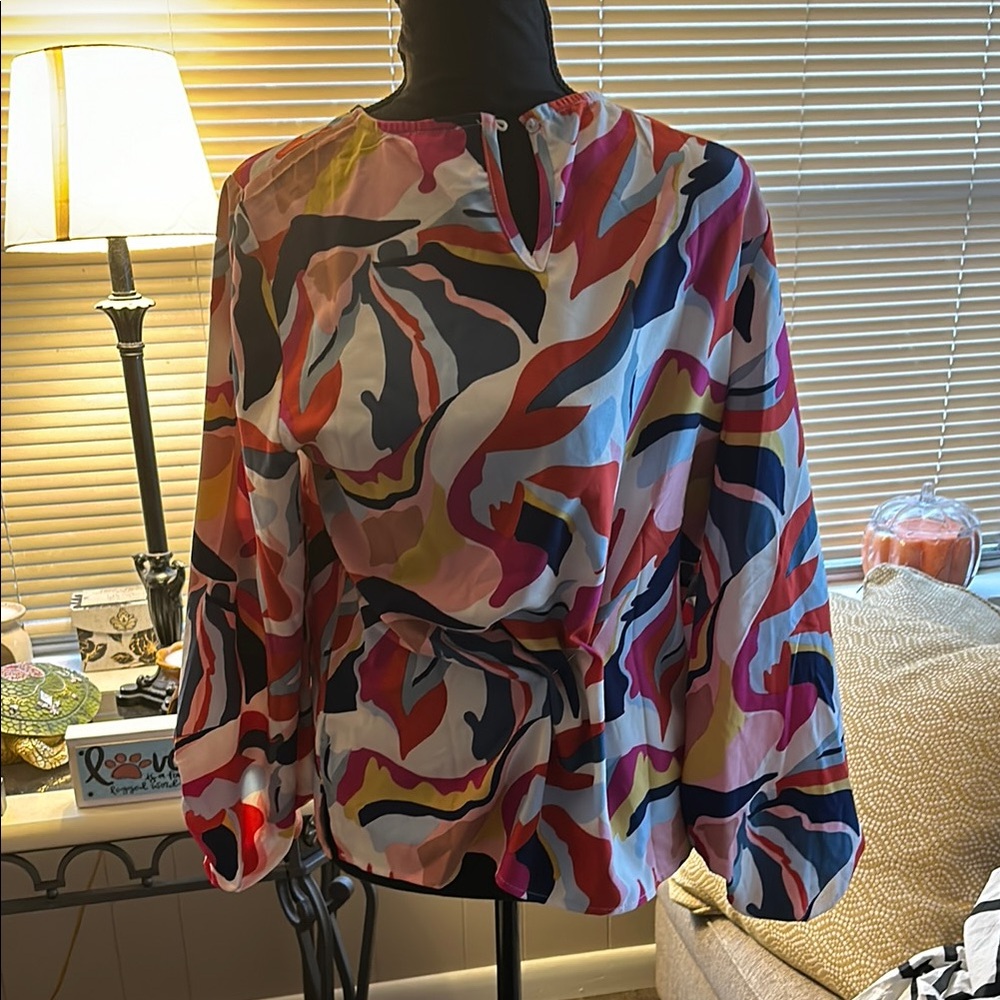 Pink and Blue Graphic Tie Front Blouse